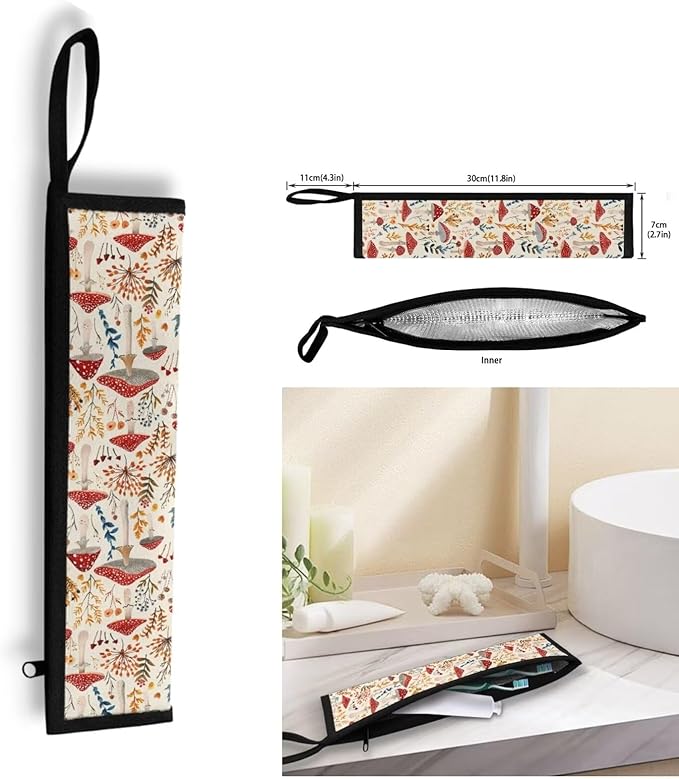 COEQINE Mushroom Utensil Holder Extra Large Capacity Flatware Case for Fork Spoon Knife Organizer With Handles Leafproof Silverware Case With Handle Zipper Travel Silverware Bag White Floral Mushroom