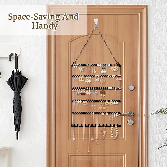 6 Tier Earring Holder Wall Mounted Hanging Earring Organizer, Earring Display Storage with 123 Holes and 129 Grooves Jewelry Organizer Tree for Stud/Hoop/Dangle Earrings Necklace(Black)