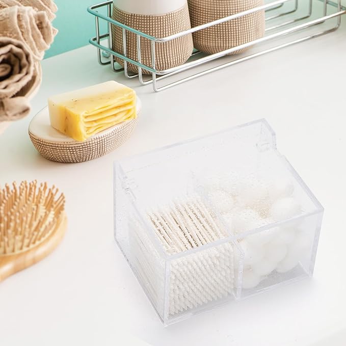 Tbestmax 2-Grid Qtip Holder, 4mm Thickness Cotton Ball Swab Organizer Acrylic Rectangle Bathroom Canister Makeup Pad Cosmetic Storage - Clear