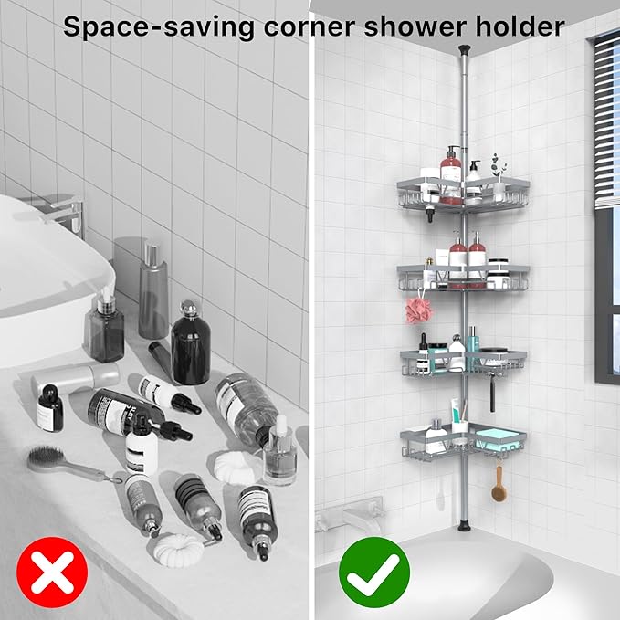 KEGII 4-Tier Corner Shower Caddy Tension Pole - Adjustable Shower Tension Rod Organizer, Floor to Ceiling Shower Caddy 25-114.2 inch, Shower Towel Rack Corner Waterproof, Light Gray