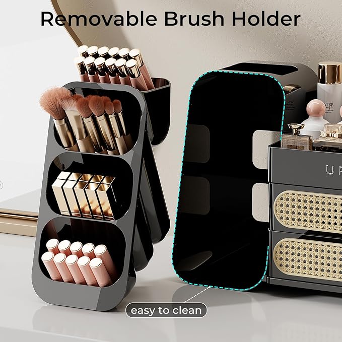 Makeup Organizer for Vanity with Brush Holder, Large Capacity Bathroom Countertop Skincare Organizer with 2 Drawers, Cosmetic Display Case for Perfumes, Eyeshadow Palettes, Nail Polishes