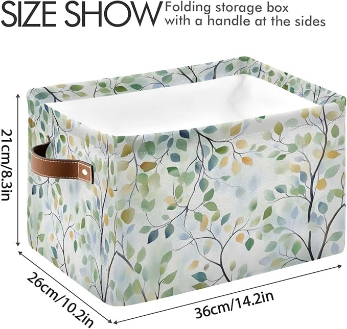 Green Leaves Branches Storage Basket Decorative Fabric Basket Bins Foldable Shelf Closet Basket Storage Box Cube With Handle Organizer Basket For Kids Toys Clothes Bedroom Nursery
