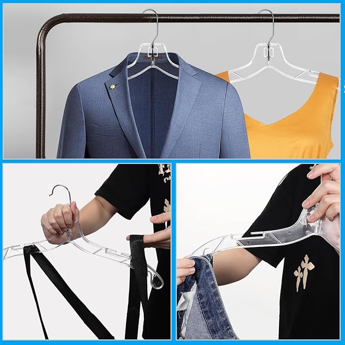 12 Pack Clear Plastic Hangers, 16.7 Inch Heavy Duty Hangers Clear Acrylic Hanger with 360 Swivel Metal Hook and Notches, Dress Hanger for Clothes Coat Shirts Dresses