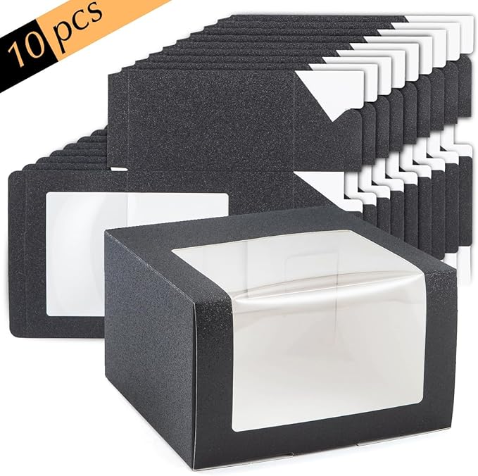 LADYBRO 10 Pack 7.8" x 7.8" x 4.8" Black Gift Boxes with Window Display for Hat Storage Containter for Baseball Caps (Fitted, Snapbacks, Trucker) (Glitter Black, 7.8" x 7.8" x 4.8")