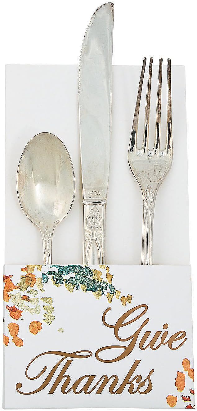 Fun Express Rustic Fall Give Thanks Silverware Holder - Set of 12 - Thanksgiving Dinner and Party Supplies