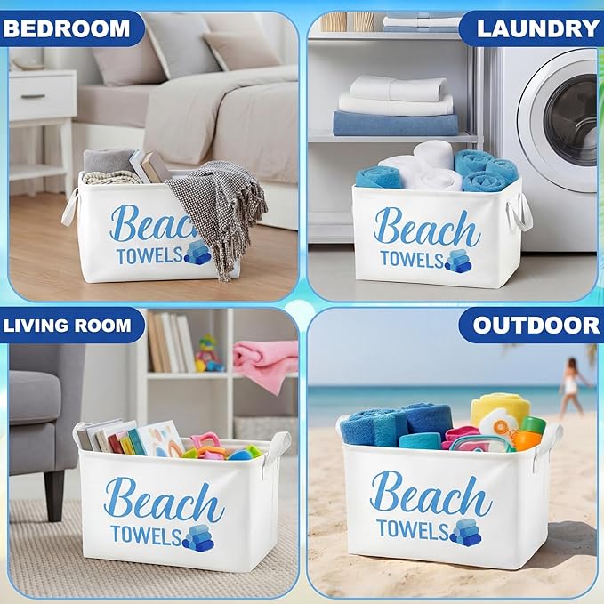 Yungyan Beach Towel Storage Basket Bin and Organizer Large Pool Beach Towel Storage Basket Gift Waterproof Canvas Cube with Handle for Outdoor Summer Seaside Home Clothes Book Toys Organization