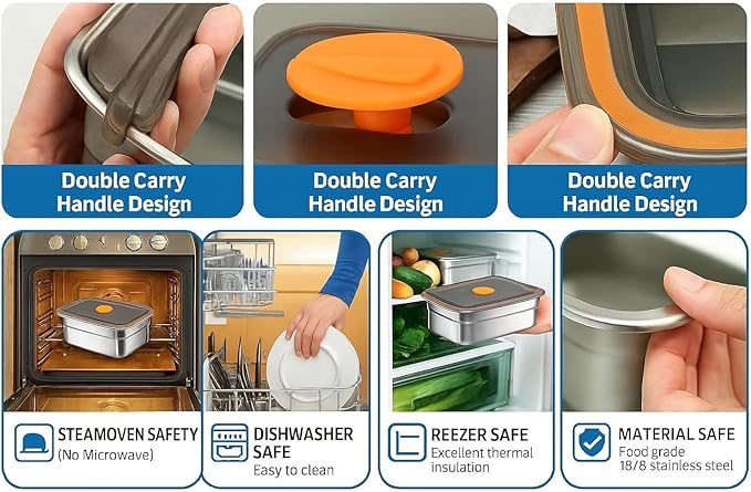 BYKOINE1000ml & 1500ml Stainless Steel Food Storage Containers | 316 Food Grade Fridge storage container Leakproof & Portable Kitchen Organizer | Freshness Locking, Microwavable & Freezer Safe