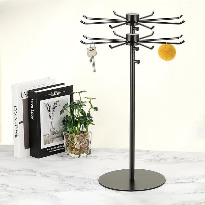 uxcell Keychain Display Stand, 1Pcs - Metal 2-layer Rotating Jewelry Display Stand with 8 Hook, Adjustable Display Rack for Necklace Craft Shows (Black)