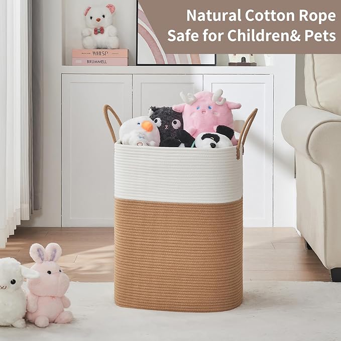 AINUOQI Laundry Basket with Handles - Blanket Basket & Hampers for Bedroom Aesthetic, Laundry Hamper & Blanket Storage for Living Room, Clothes Hamper, Tall, Large 17" x 14" x 22”, White & Jute