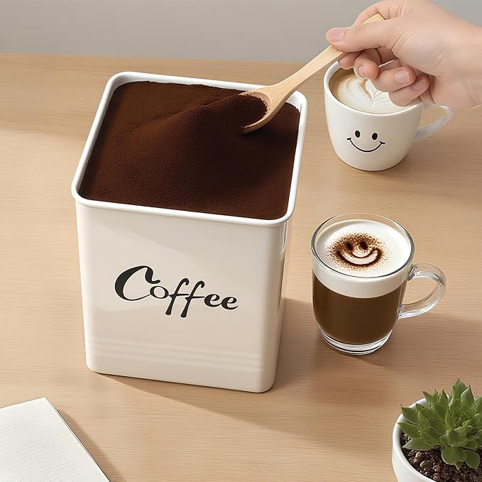 Airtight Coffee Canister-Coffee Container, Airtight 40 oz Large Iron Beige Storage Container for Coffee Grounds, Beans, Pods & More,Coffee Bar Accessories & Gifts