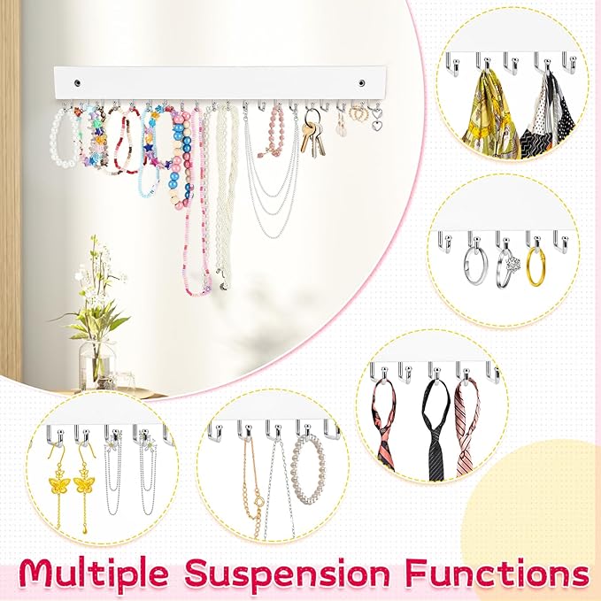 4 Pack Necklace Holder Wall Mount, Hanging Jewelry Organizer with 80 Hooks Total, Space Saving Wooden Necklace Holder for Wall, Necklace Organizer Hanger for Necklaces, Bracelets, Pendant