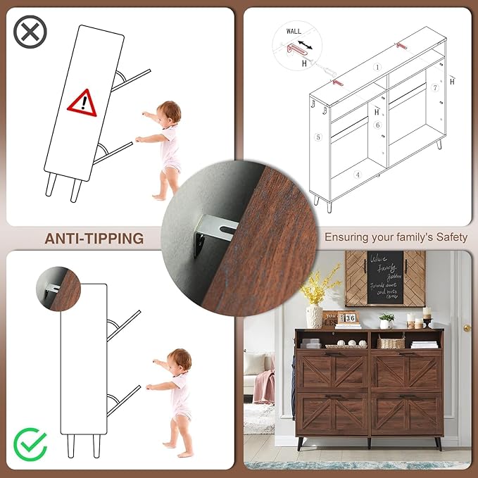 Barnyatoh Shoe Storage Cabinet,Farmhouse Shoe Organizer with 4 Flip Drawers & Barn Door Design,Freestanding Hidden Slim Narrow Shoe Rack Cabinet with Open Shelves for Entryway,Foyer,Hallway,Walnut