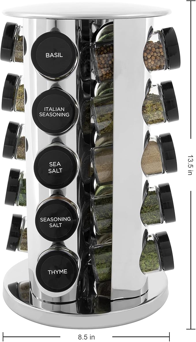 Kamenstein Revolving Countertop Spice Rack with Spices Included, FREE Spice Refills for 5 Years, Polished Stainless Steel with Black Caps, 30020, 20 Jar (Pack of 3)