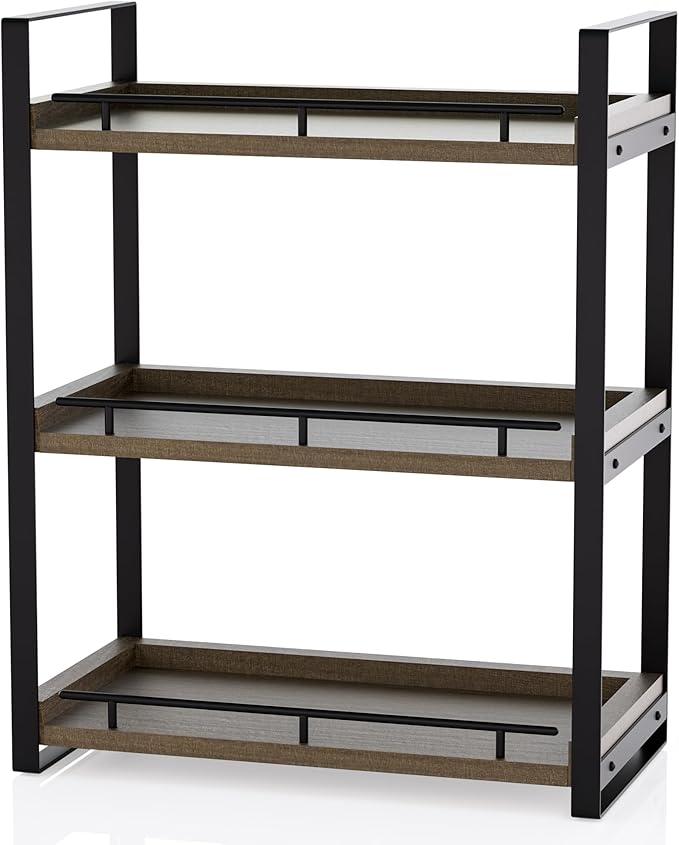 Bathroom Counter Organizer, 3 Tier Wood Countertop Shelf for Vanity, Skincare, Makeup, Kitchen Coffee and Sink Storage, with Durable Metal Bracket (Dark Brown)