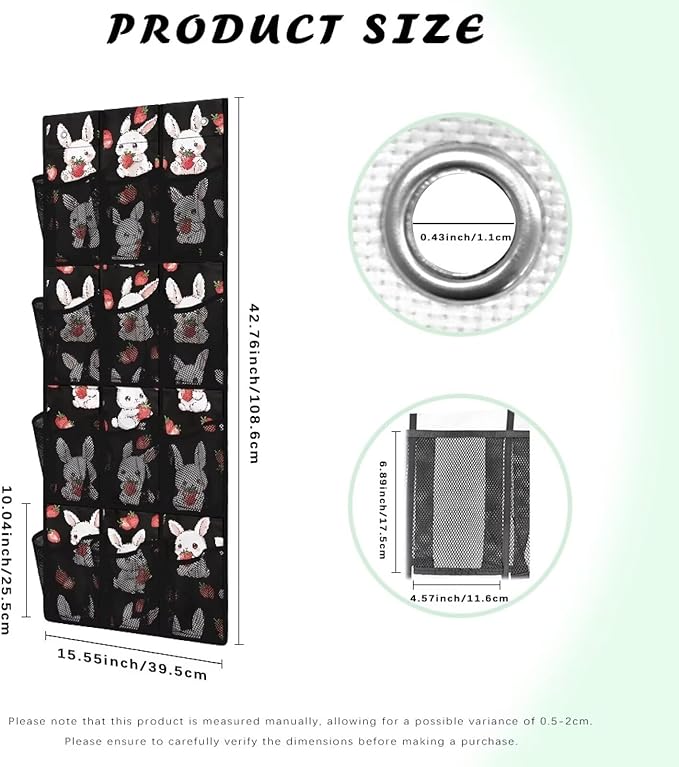 Cute Bunny Door Hanger Organizer 12 Pockets Over The Door Shoe Organizer for Room Black Wall Hanging Storage Mesh Fabric Multi-Funtion Storage Bag for Living Room