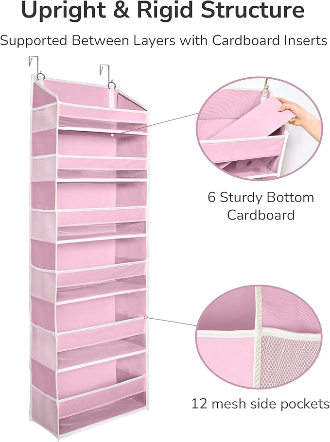 ULG Over The Door Organizer with 6 Large Pockets 12 Side Pockets, 50lbs Weight Capacity Door Hanging Storage Organizer for Bedroom, Bathroom, Pantry, Nursery Storage, Pink