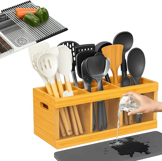2 in 1 Kitchen Utensil Holder with Over Sink Dish Drying Rack, Bamboo Utensil Holder for Kitchen Countertop ā Large Cooking Utensil Organizer & Silverware Caddy with 6 Compartments with Drying Stone