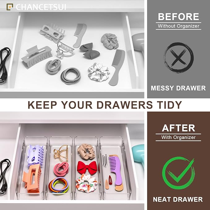 CHANCETSUI Clear Acrylic Drawer Organizer Storage: Stackable Plastic Storage Tray for Makeup and Personal Care, 4 Pieces, 3x9 Inch