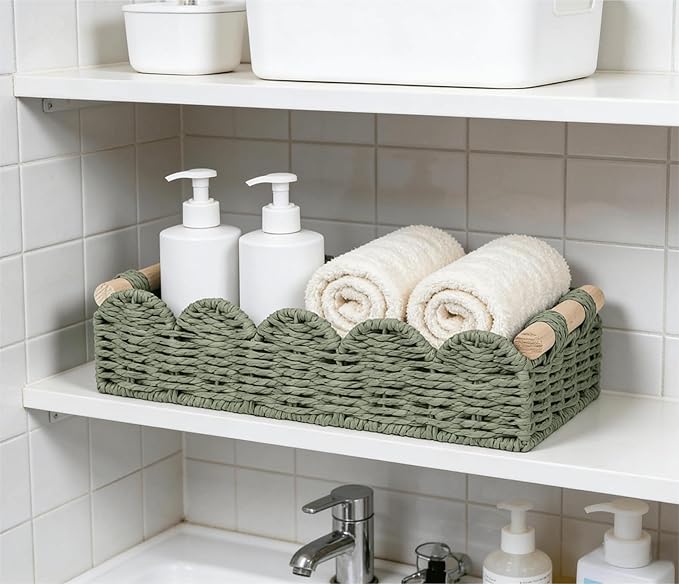 CubesLand Toilet Paper Storage Basket Organizer, Small Wicker Toilet Tank Top Decorative Baskets for Countertop, Handwoven Scalloped Basket w/handle for Home Decor, Living Room, Bedroom, Green