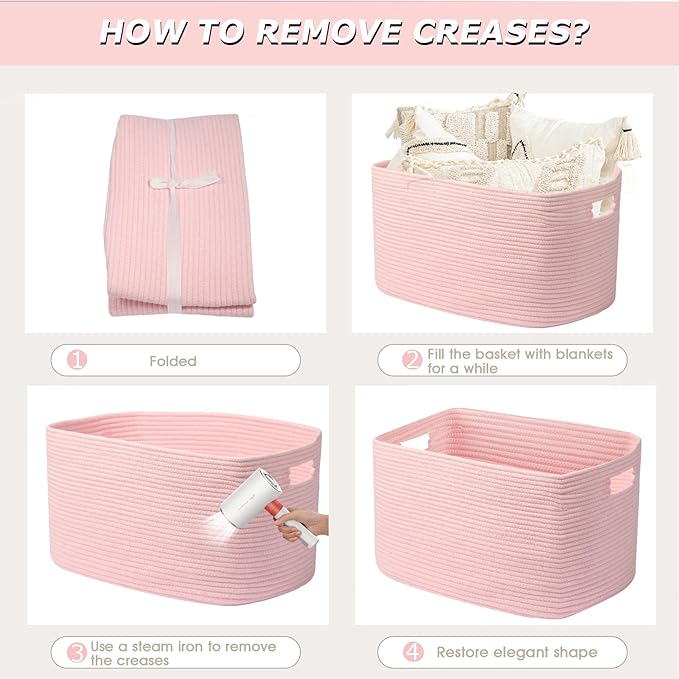 75L Large Woven Storage Basket, Pink Cotton Rope Laundry Hamper with Handles, 22”x17”x12” Rectangle Blanket Basket for Toys, Clothes, Pillows, Nursery and Living Room,Shelf Basket