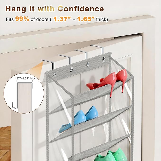 MISSLO 36 Pairs Clear Over the Door Shoe Organizer Closet Hanging Shoe Rack for Door with Large Deep Pockets Shoes Hanger Holder for Sneakers, Boots, Heels Storage (Grey)