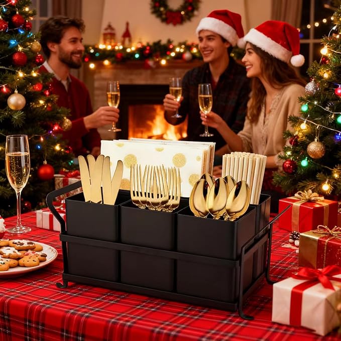 Silverware Caddy Metal Utensil Holder for Party Countertop Silverware Utensil Caddy Cutlery Flatware Organizer for Spoons Forks Plates Napkins Black