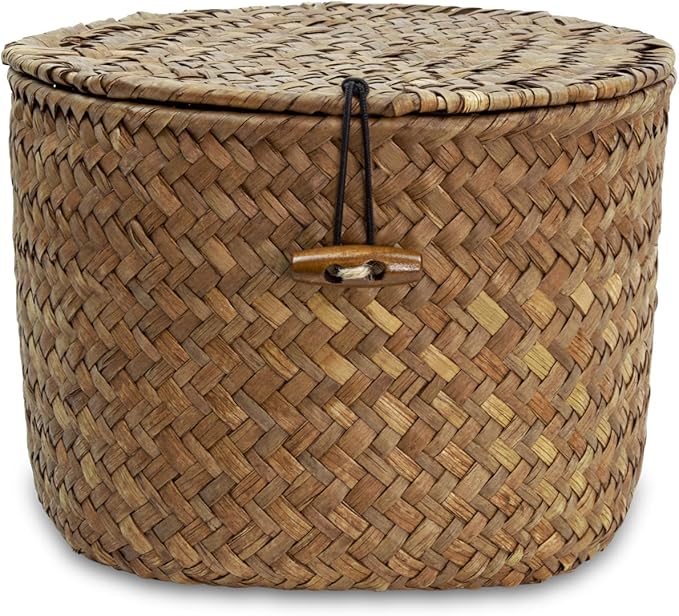 Seagrass Handmade Basket with Lid, Small Round Basket for Storage, Decorative Home Organizer Decor(7"L x 7"W x 5"H, Coffee)