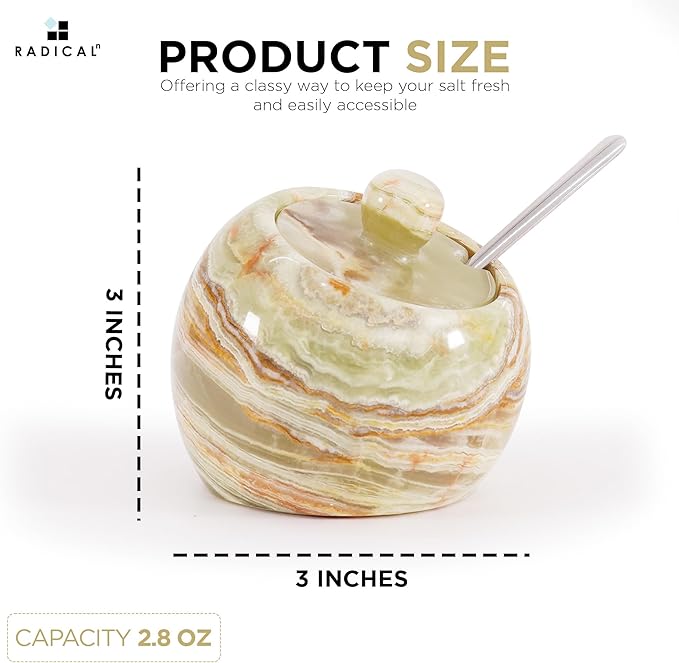 Radicaln Marble Salt Cellar with Lid 3" Inch Green Onyx Salt Jar & Table Salt Storage For Kitchen Countertop, Ideal Salt Container, Salt Dish & Sugar Bowl For Table