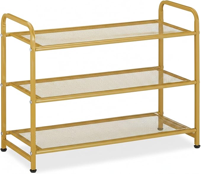Relaxdays Rack, Organiser with 3 Levels, 6 Pairs of Shoes, HWD: 48 x 60 x 25 cm, Metal, Hallway Storage, Gold, Steel