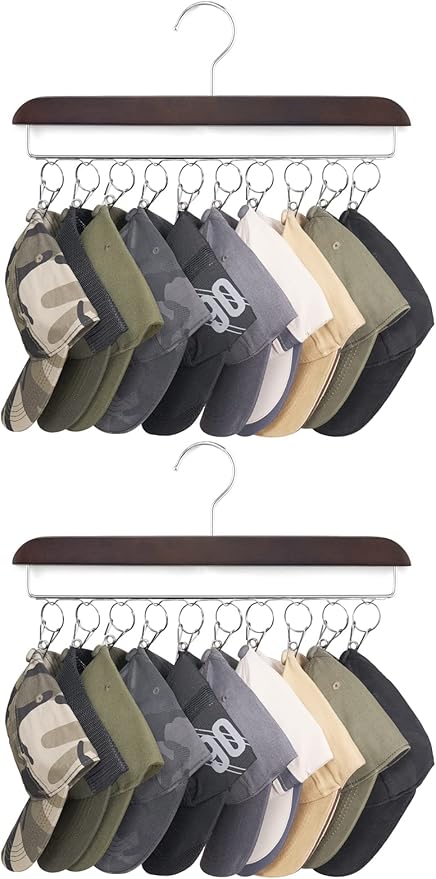 Mkono Hat Hangers for Closet Set of 2 Wooden Hat Organizer Racks for Baseball Caps with 20 Stainless Steel Clips, Baseball Hat Holder for Closet Storage, Fits All Caps, Walnut Color