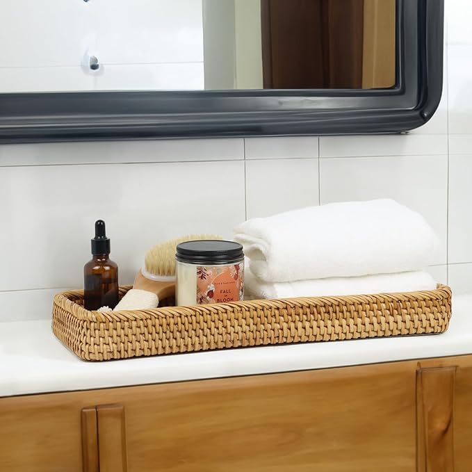 Rattan Bathroom Tray Countertop, Wicker Toilet Tank Basket, Decorative Bathroom Vanity Tray for Decor Coffee Table