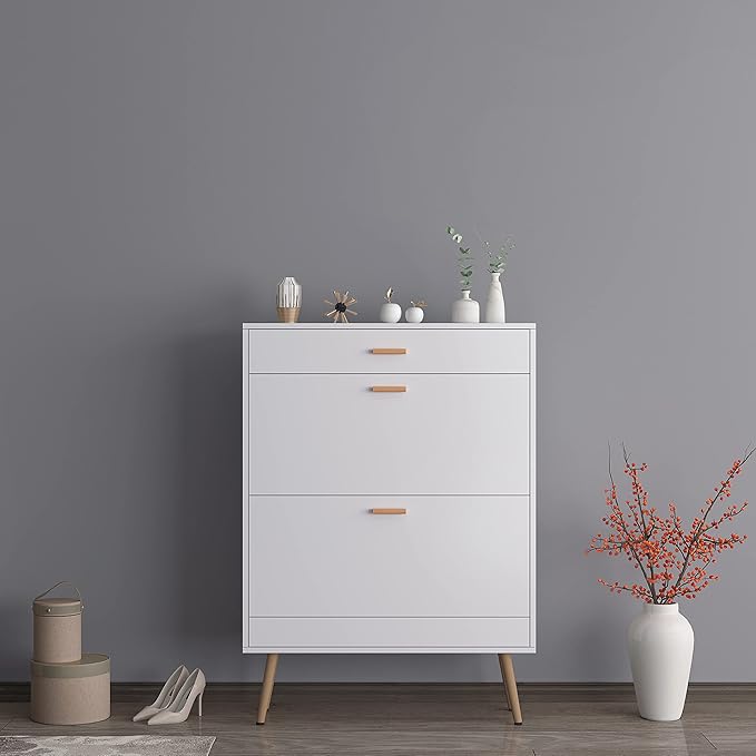 Narrow Shoe Storage Cabinet - Entryway Shoe Rack Cupboard Organizer for Home and Apartment, White