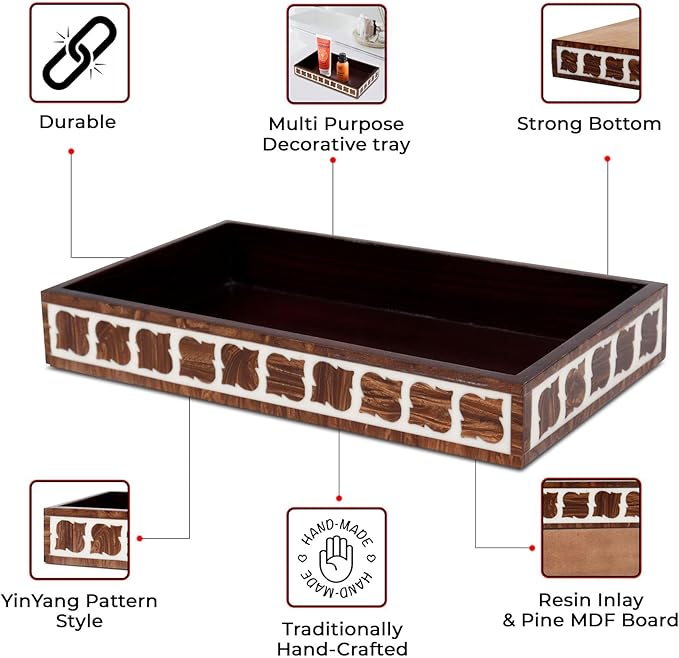 Handicrafts Home wood small tray, 10x6 Towel Tray, Guest Towel Holder, Decorative Napkin Holder, Bathroom Countertop Storage,Handmade Rectangular Vanity Tray for Bathroom Countertop-Yinyang collection