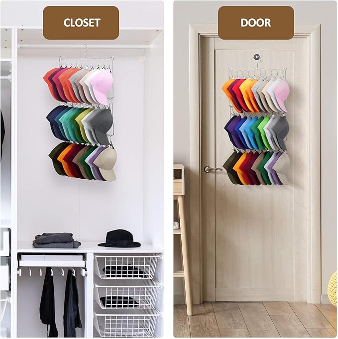 ZEDODIER Hat Hanger Hat Rack for Baseball Caps, 30 Hooks, Space Saving Hat Holder Closet Organizers and Storage, Silver