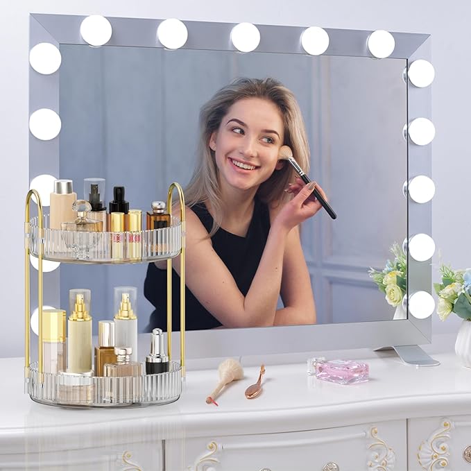MOKANI 360 Rotating Makeup Organizer for Vanity, 2 Tier Adjustable Perfume Organizer for Dresser, Multi-Function Spinning Cosmetics Skincare Storage for Bedroom, Dresser, Countertop, Clear