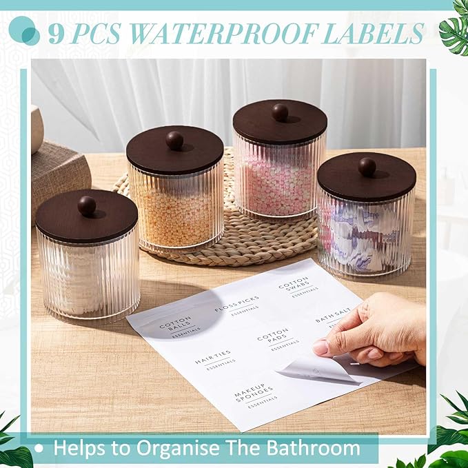 Yaomiao 6 Pcs Ribbed Bathroom Canisters Apothecary Jars with Brown Bamboo Lids and Label Stickers, 18 oz Plastic Canister with Fluted Design for Cotton Ball, Swab, Floss Picks House Storage