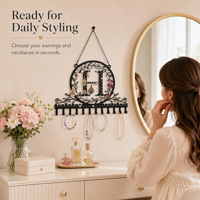 Wall-Mounted Metal Earring Holder Hanging Jewelry Organizer for Earrings and Necklaces Space-Saving Wall Display with Hooks for Jewelry Storage (jewelry stand H)