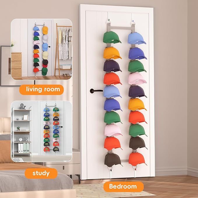 Over the Door Hat Organizer, Adjustable Hat Rack for Door with 20 Clips on 2 Straps Holds 40 Caps, No-Drill Hat Organizer for Baseball Caps, Fits Bedroom Closet Door (Gray)