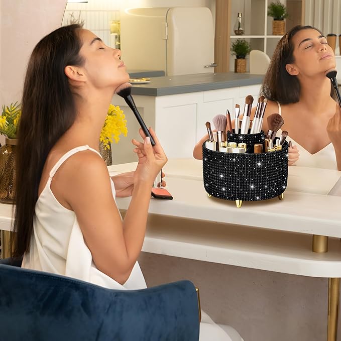 Diesisa Bling Makeup Organizer: 360°Rotating Bling Rhinestone Cosmetic Display Cases -Diamond Makeup Brush Holder - 5 Slot Cup for Cosmetics - Bling Lipstick Organizer - Gift for Women - Diamond Black