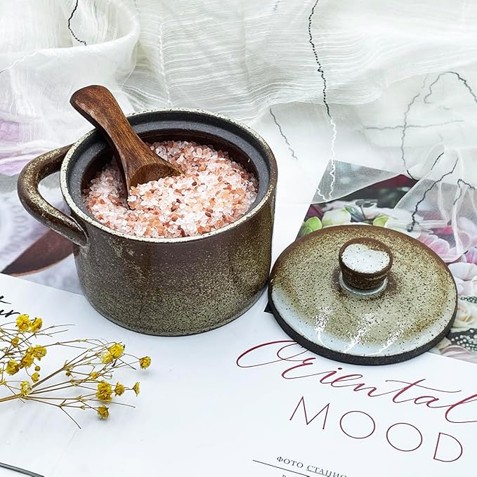 8 oz Ceramic Salt Cellar with Lid & Wooden Spoon,Countertop Salt Container,Sugar Bowl,Spices Jar|Terracotta Home Kitchen Decor(Coarse Pottery Color)