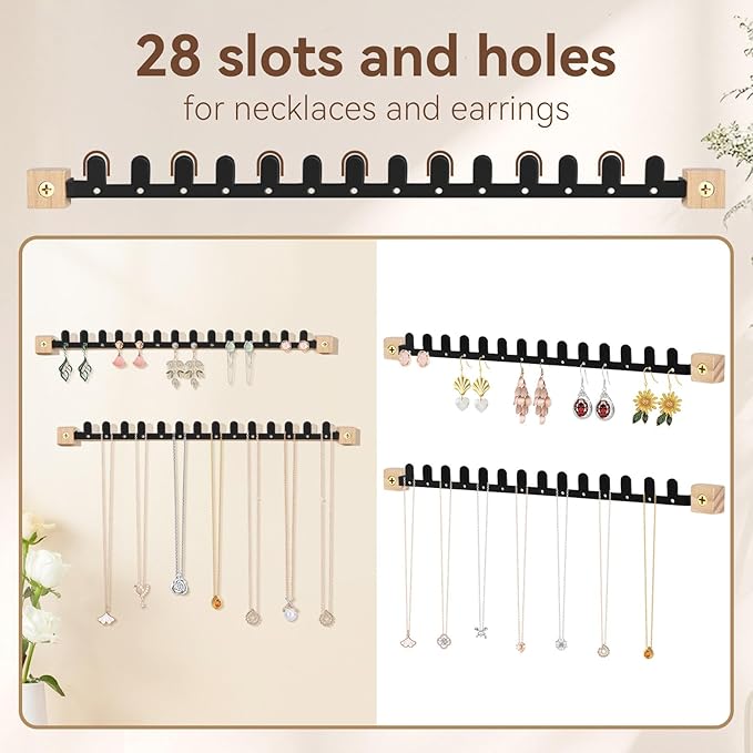Wall Necklace Holder Hanging Jewelry Organizer 2 Pack Metal Necklace Organizer, Space-saving Jewelry Display for Necklaces & Earrings, Screws Included, Black