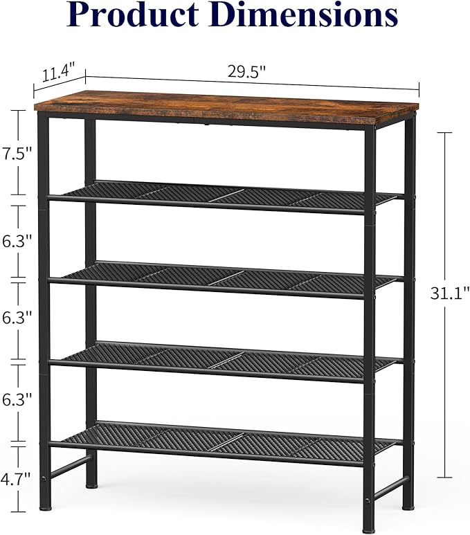 Kitsure Shoe Rack - 5-Tier Shoe Organizer with Wooden Top & Leveling Feet, Easy-Assembly, Rust-Resistant Metal Shoe Shelf for Closet, Entryway, Bedroom, 29.5" x 11.4" x 31.1", Brown