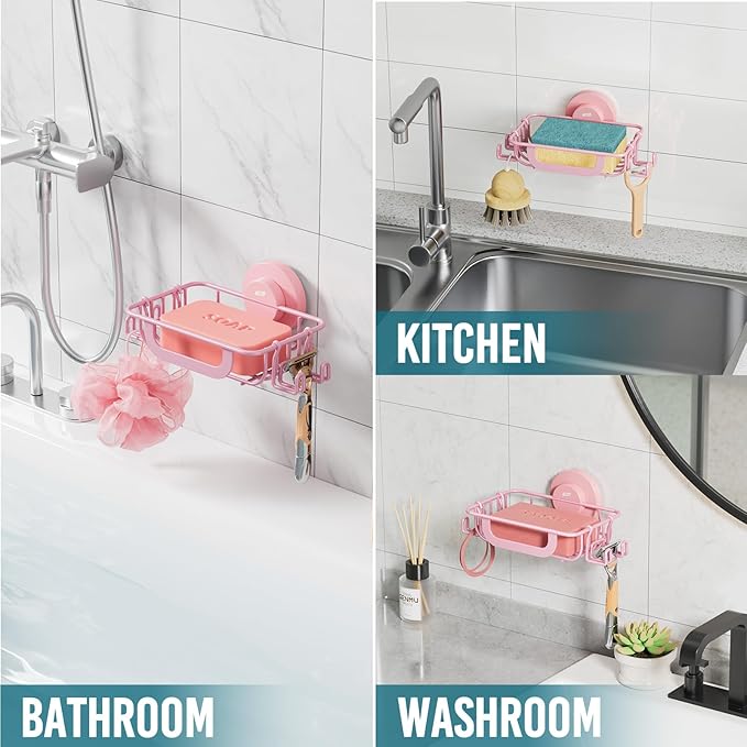 TAILI Soap Bar Holder Dish with Hooks, Shower Soap Tray Saver Suction Cup with Razor Holder for Wall, Rustproof Stainless Steel Bath Shampoo Caddy for Bathroom Accessories Organizer,Pink