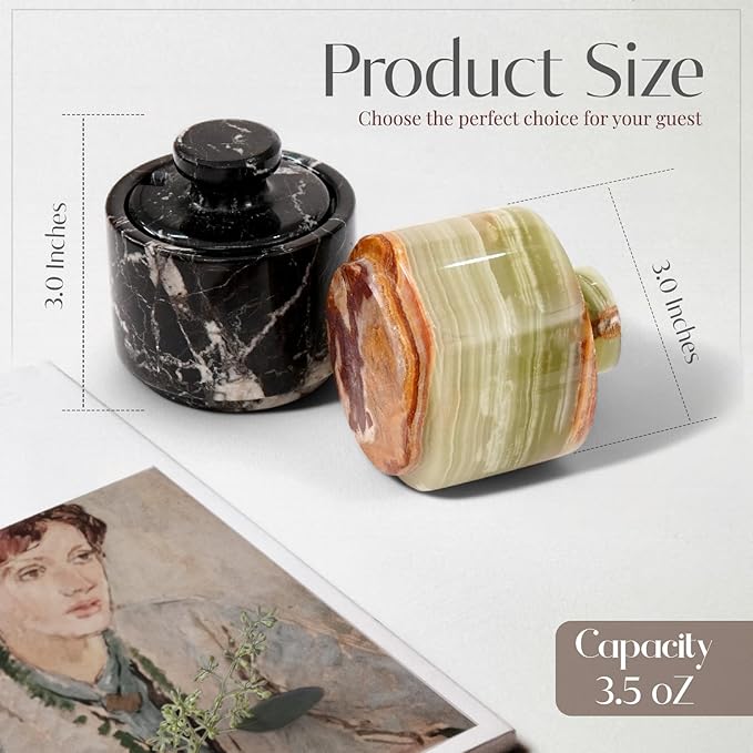 Marble Salt Cellar 3" Inch Black Zebra & Green Onyx Celtic Salt & Pepper Bowls with Lid For Spring Decorations for Home & Kitchen, Perfect Mother’s Day Gift, Sugar Dish & Coffee Storage Container