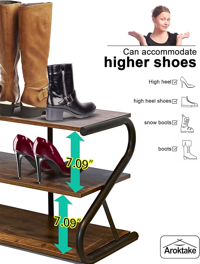 3-Tier Shoe Rack, Wooden Shoe Storage with S-Shaped Heavy Duty Metal Free Standing, Shoe Organizer Shelf for Front Door Entryway, Hallway, Living Room, Closet, Bedroom (Black & Rustic Brown)