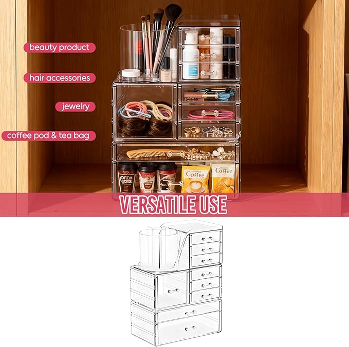 ShineMe Clear Makeup Organizer with 9 Drawers, 3 Tier Stackable Makeup Storage Organizer with Rotating Brush Holder, Acrylic Countertop Makeup Organizer for Vanity Skincare Jewelry Hair Accessories