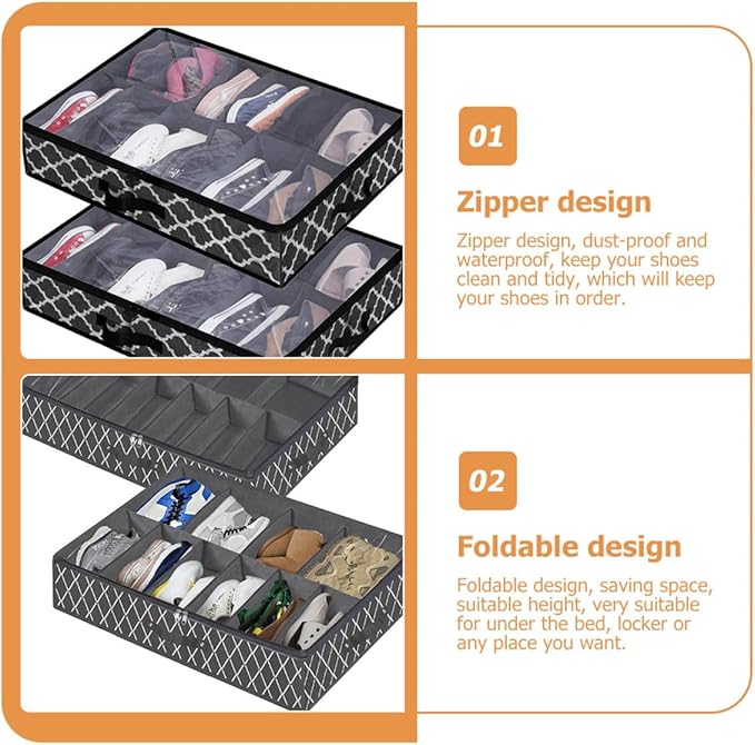 NUOBESTY Foldable Shoes Storage Box with Zipper and Window Large Capacity Non-woven Underbed Shoe Organizer Black Cross Pattern Reusable for Home Closet Storage