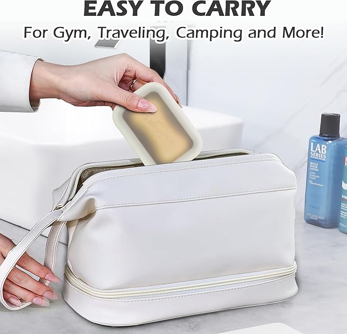 AIDIMMING Enhanced Leak Proof Traveling Soap Container,Compact Silicone Travel soap case with Drainage Layer,Shatterproof Soap Box with a See-Through lid for Bathroom,Gym,Camping (Clear&Offwhite)