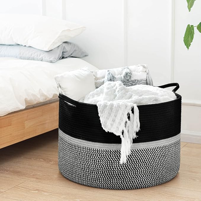 CHICVITA Extra Large Laundry Basket, Woven Rope Blanket Basket for Towels, Clothes, Toy Storage, Pillow Basket for Living Room, Family Room, 22 x 22 x 14 inches, Black