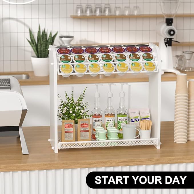 Lixple Coffee Pod Organizer for Countertop, Bamboo K Cup Holder, Easy Assembly Coffee Station Organizer for Home Office Coffee Bar, White